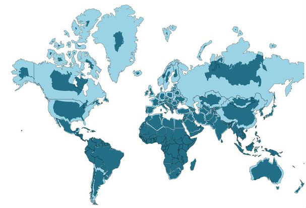 Mercator map projection, with true size of each country overlaid. Credit: Neil Kaye