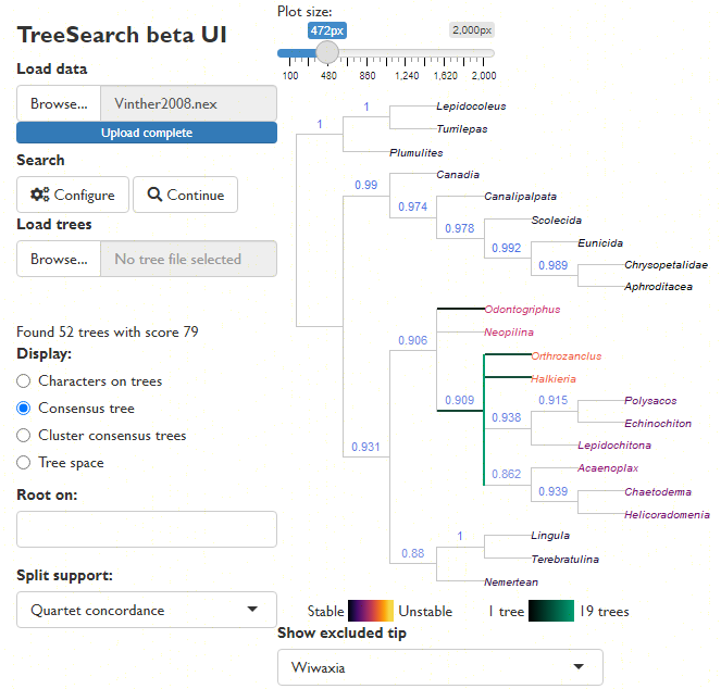 Visualizing position of rogue taxon on search result consensus tree